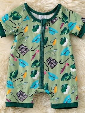 Green Fishing Print Baby One-Piece Romper